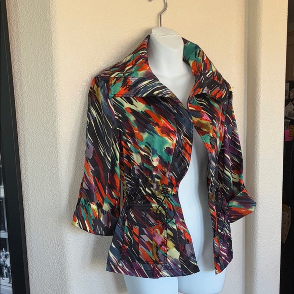 Women's jacket, Colorful Abstract, drawstring waist & trench styling. SP - Picture 4 of 17